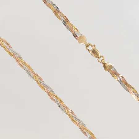 Collier flätad trefärgad, 51cm, bredd:4mm, 14K 6,8g.