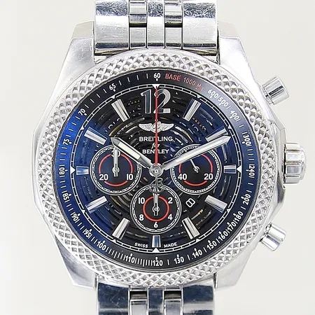 Herrur Breitling Bentley Barnato Motors, stål, automatisk, Ø42mm, ref-nr: A4139024, serie-nr: 2764788, kaliber: 2842A2, kronograf, datum, safirglas, pilotlänk i stål, 2 extra gummiband original, cert från 2014, kronometerintyg, 2 extra länkbitar, tag, manual, box, ytterkartong