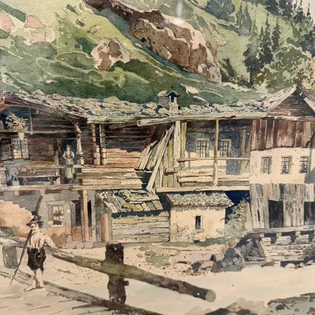 Tavla akvarell, John Ericsson, motiv av sågverk, signerad och daterad München -99, bildmått 46,5x30cm, mått inklusive ram 60,5x44,5cm, skador på ram Skickas med postpaket.