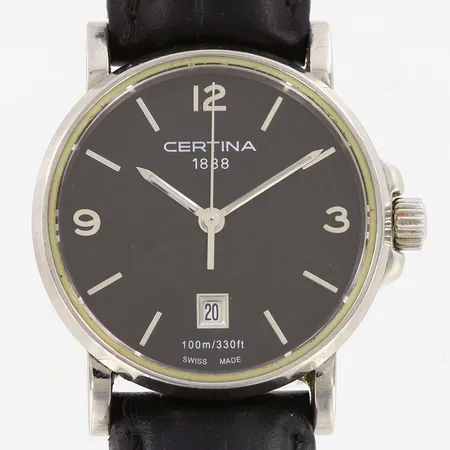 Damur Certina DS Caimano, quartz, stål, datum, Ø27mm, ref: C017210A, serienr: 10BC1132246, original läderarmband, behov av batteribyte