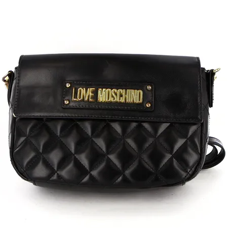 Väska Moschino svart  konstläder, 7x15x22cm,  detaljer och beslag i gulmetall, smärre slitage, inga tillbehör Skickas med paket.