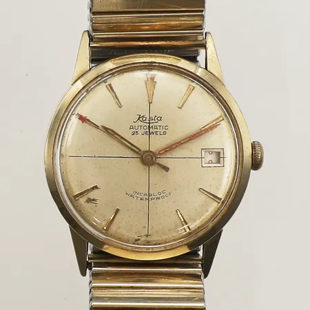Armbandsur Kasta 14K, automatisk, 32mm, datum, skadat plexiglas och urtavla, buckligt flexarmband i stål, inga tillbehör. 