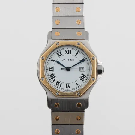 Damur Cartier Santos Octagon, stål/guld, automatisk, Ø30mm, vit urtavla, datum, sekundvisare, 296642679, länk stål/guld,bruksslitage/repor och ojämnhet,längd ca 18 cm + extralänk ca 3 cm (en guldskruv saknas på extralänken) inga andra tillbehör.