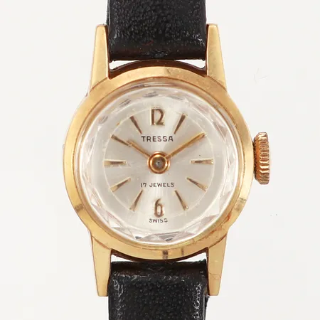 Damur Tressa 17 Jewels Ø17mm, manuell, fasetterad glas, svart läderrem, spänne ej guld, tickar, bruttovikt 8,44 gram, 18K