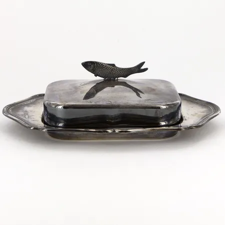 Ansjovisask i nysilver, med glasinsats, ca 18,5x11, höjd ca 6cm Vikt: 0 g