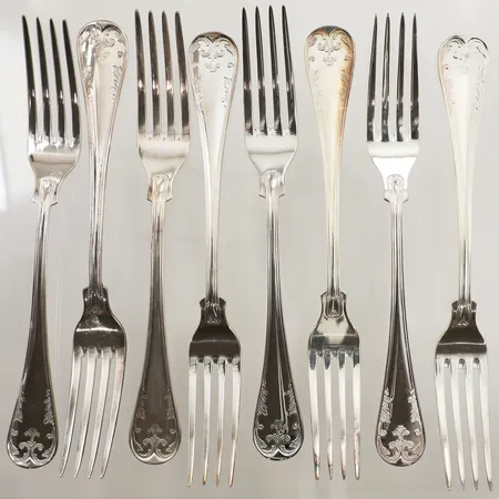 Åtta matgafflar, modell gammal Fransk, längd 18cm, GAB, 830/1000 silver Vikt: 365,4 g