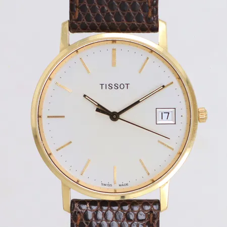 Herrur, Tissot, 14K, quartz (går ej), 33,5mm, datum, gravyr, brunt läderband, inga tillbehör