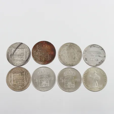 Mynt 7 st 5-kronor 1954-1971,mynt 10 krona 1972. Vikt: 143,9 g