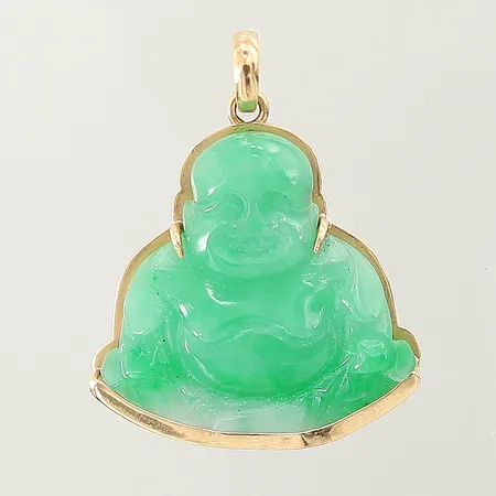 Hänge med jade i motiv av Buddha, 40x33mm, guld med mindre skevheter, 18K Vikt: 9,2 g