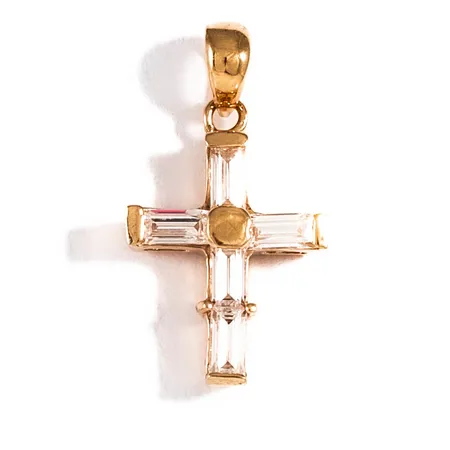 Hänge Kors i 18K guld med vita stenar (cz). Det är 11,5 mm brett, 21 mm långt inkl. ögla och väger 1,7g. Stämplad CCC (Guld Carlsén AB, Sundsvall), 750.