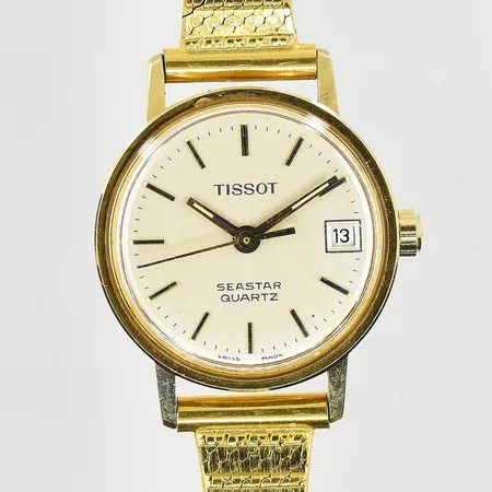 Damur Tissot Seastar 14K, boett Ø22 mm, quartz, datum, länk i doublé, behov av batteribyte, graverad bakboett, bruttovikt 22,4g.