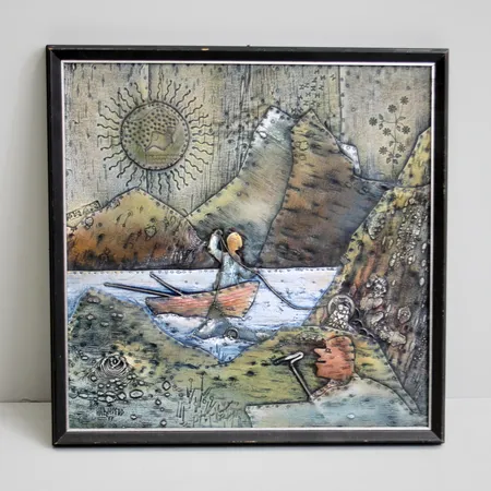 Tavla i Näverrelief, Einar Hagnestad, Ringfiskaren i Anduin, 1977, signerad av konstnären, rammått 46x46cm, bildmått 42x42cm.