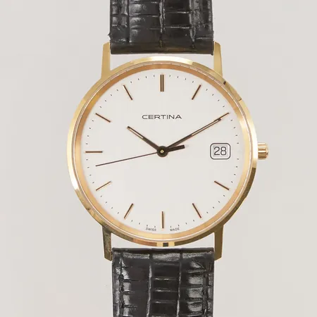 Herrur Certina 18K, 33,5mm, quartz, batteribyte krävs, läderband, gravyr, originalbox.