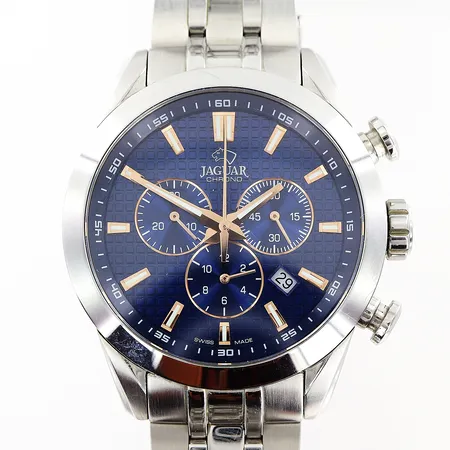 Herrur Jaguar Chrono, stål, quartz, Ø43mm, blå uratvla, datum, kronograf, ref J865, original stållänk 20cm, extra länkdel 20mm, tag, manual, box.