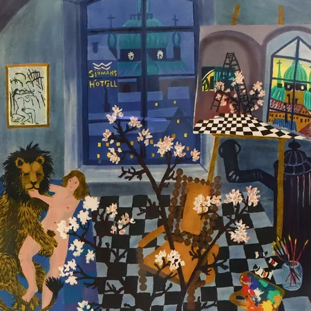 Tavla av Mona Huss Wallin, Lejon i Ateljén, färglitografi, signerad och numrerad 207/325,  bildmått: 45x50cm, rammått: 58,5x64cm Skickas med postpaket.