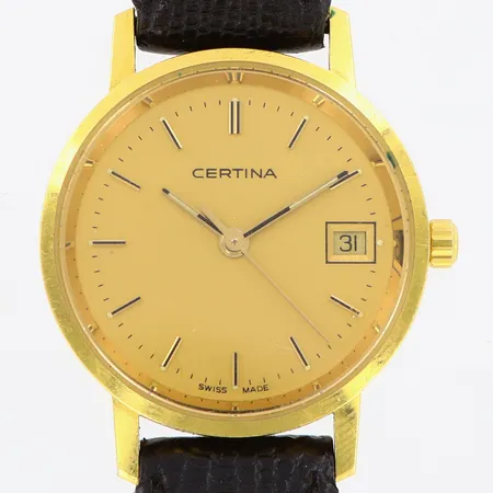 Damur Certina Ø26mm, quartz, datumfönster, 18K i boett,  läderband med originalspänne