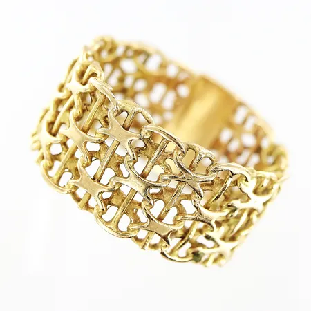 Ring X-länk med stav, stl 18, bredd 11mm, något skev skena, 18K Vikt: 5,2 g