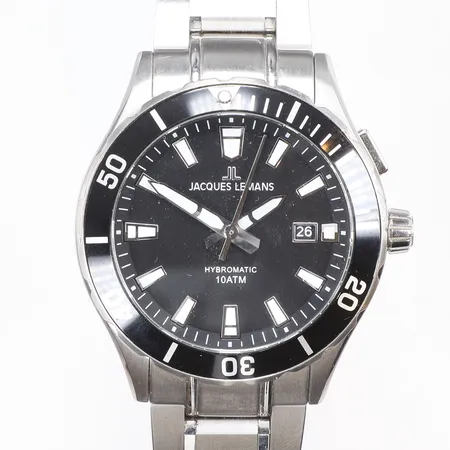 Herrur Jaques Lemans Hybromatic Ø42mm ref nr. ref 1-2131, datum, defekt (går kort men sekundvisaren hoppar), typ av kinetsiskt urverk utan batteri, som behöver servas och eventuellt nya delar, stållänk, med box