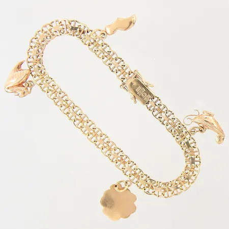 Armband X-länk med stav samt 4 berlocker, längd: 18cm, bredd: 6-13,6mm, en berlock bucklig, 18K  Vikt: 11,4 g