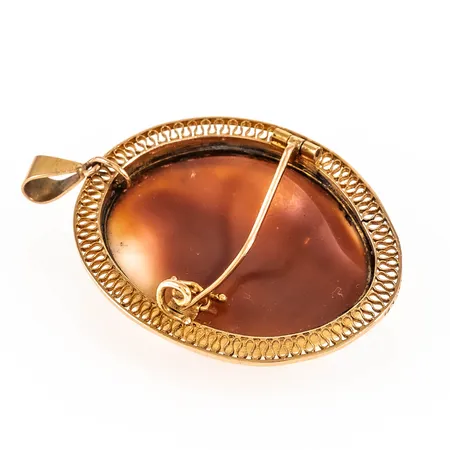 Defekt camébrosch / hänge i 18K guld. Vikt: 6,9g. 