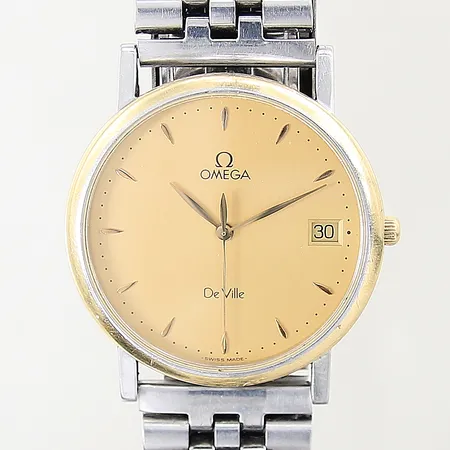 Herrur Omega De Ville, stål/guld, quartz, Ø32mm, serie-nr: 55709187, safirglas, datum, stållänk ej original, gravyr, repig, inga övriga tillbehör