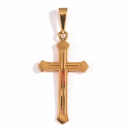 Hänge Kors i 18K guld. Det är 16,5 mm brett, 38 mm långt inkl. ögla och väger 1,2g. 