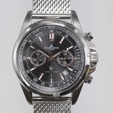 Herrur Jacques Lemans Liverpool Ø44mm ref-nr: 1-1117.2, stål, quartz, kronograf, datum, meshlänk i stål, ett extra läderband, box samt bandstiftsverktyg