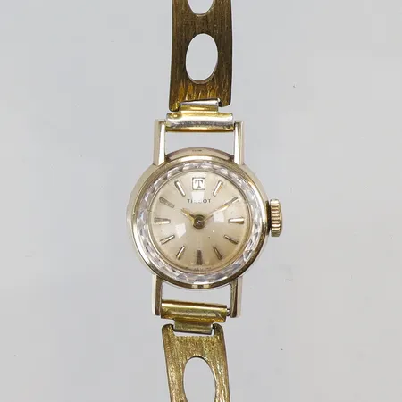 Damur Tissot 14K Ø15mm, manuell uppdragning (går ej), guld i boett, länk i stål (med slitage), ca 1960-tal, bruttovikt 12,1g 