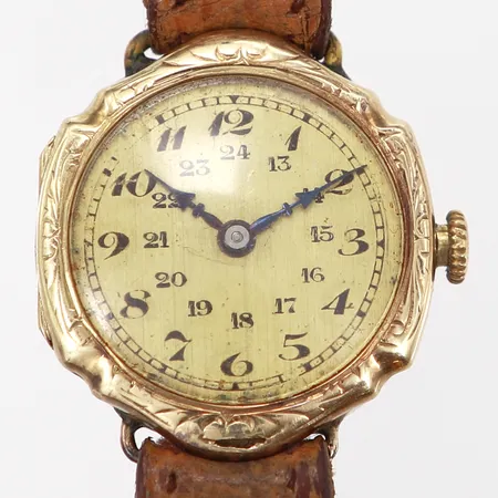 Damur boett i 14K, manuell, Ø21mm, läderband, defekt, går ej