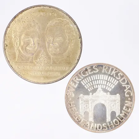 Två minnesmynt, 100kr 1983, 50kr 1976, silver 925/1000 Vikt: 43,1 g