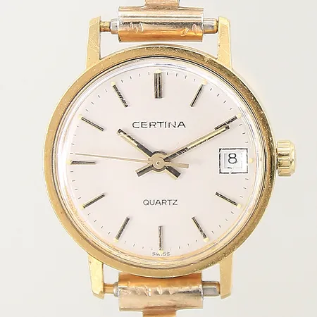 Damur Certina 18K, Ø22mm, quartz, ref-nr: 111.9199.68, datum, plexiglas, länk i oädel metall, går ej, behov av batteribyte, inga tillbehör