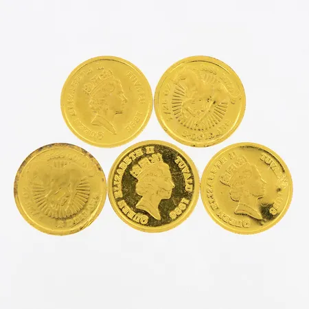 5 mynt, 3 Dollar Queen Elisabeth II, Tuvalu Ø3,8mm, 24K  Vikt: 6,3 g