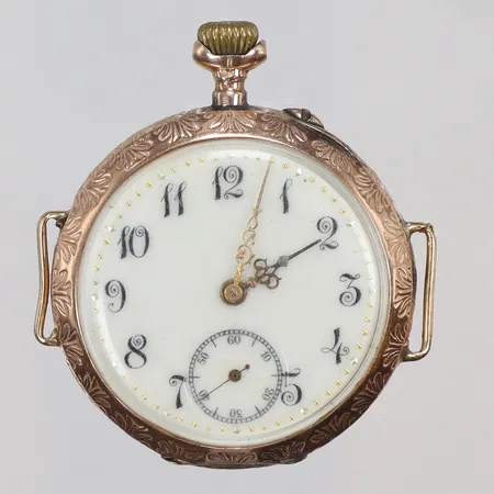 Fickur Ø35mm 14K, någon gång omgjort till armbandsur, mönstrat med defekter, manuell uppdragning bruttovikt 29,6g