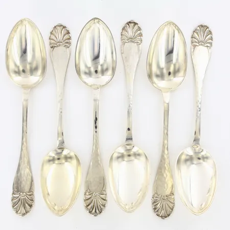 6 bordsskedar, ca 21cm, danska stämplar, 830/1000 Silver Vikt: 326,8 g