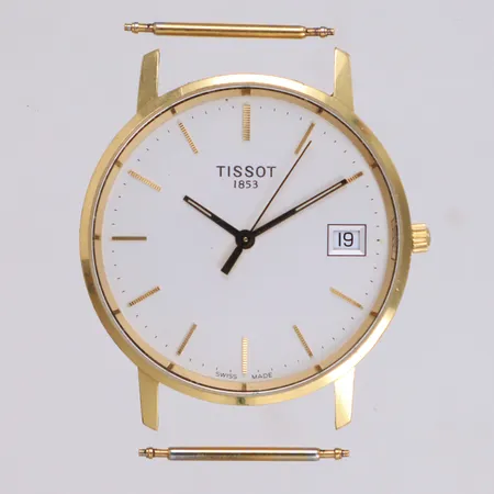 Herrur, Tissot, 18K, quartz (går ej), 33,5mm, datum, nit- och redlighetsgravyr, saknar armband, sprinters, inga tillbehör 