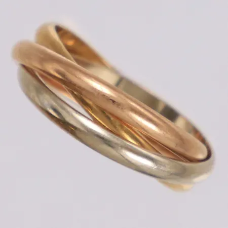 Ring tredelad, stl 16, bredd 4,2mm, trefärgad, 18K  Vikt: 3,9 g