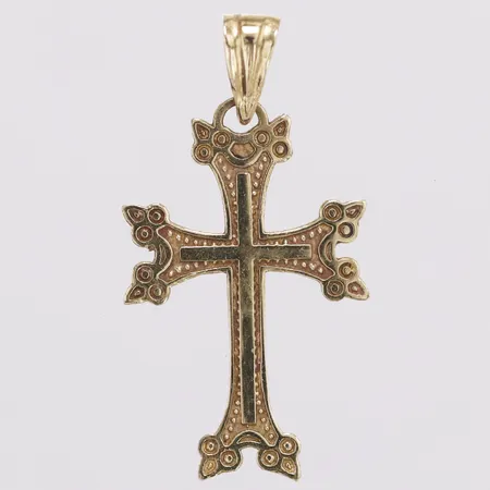 Hänge kors dekor, 29mm, gravyr på baksidan, skev ögla, 14K  Vikt: 1,1 g