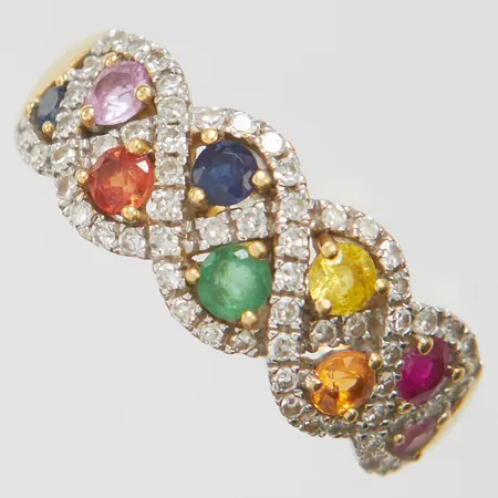 Ring med diamanter 0,25ctv samt rosa safir, blå safir, gul safir, orange safir, rubin smaragd, stl17, bredd 1,5-7,5mm, GHA, 18K Vikt: 3,6 g