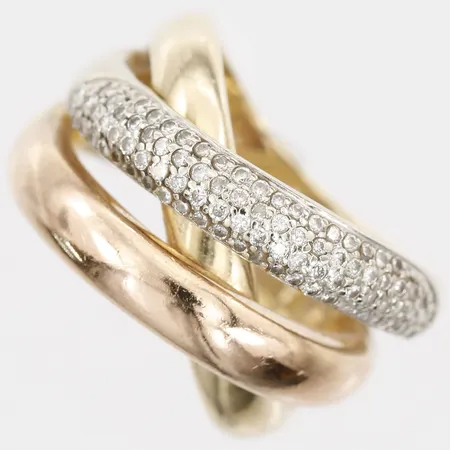 Ring med diamanter 86 x ca 0,005ct, stl: 17¼, bredd: 7 - 14mm, trefärgad, smärre bruksslitage, 14K guld.  Vikt: 12,3 g