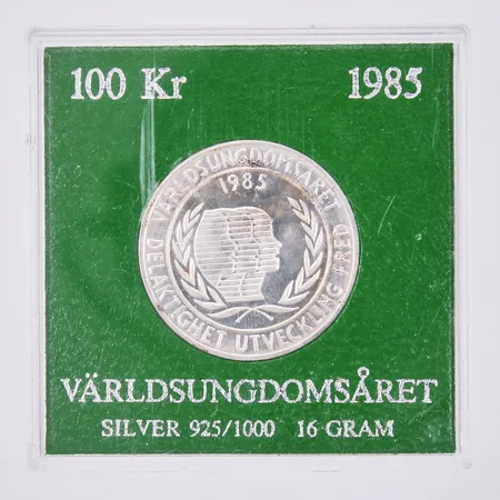 Jubileumsmynt, nominellt värde 100sek, 1985 Världsungdomsåret 16gram, 925/1000 silver Vikt: 16 g