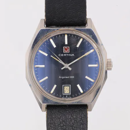 Herrur Certina Argonaut 285, manuell, blå urtavla Ø36mm, referensnr 854, serienr 1285 41, caliber 854-1, läderband ej original