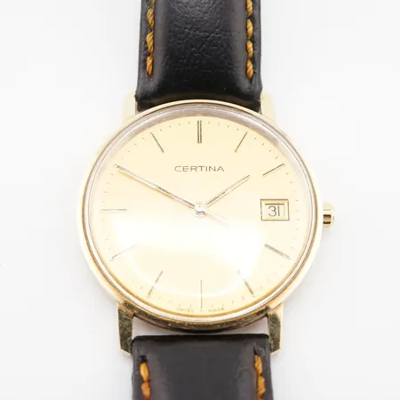 Herrur Certina, quartz, ca 33mm, 14k, batteribyte krävs, gravyr bakboett