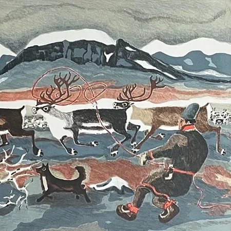 Tavla av Lars Pirak litografi 245/320, Vid Parkka, 36cm x 51cm, glas/ram 62 x 75cm signerad med namn & bomärke Skickas med postpaket.