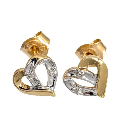 Örhängen Hjärtan, 18K guld, tvåfärgad modell, Diamanter 4 x 0,005ct, örhängenas storlek 8x8 mm, originalploppar, fint skick Vikt: 1,4 g