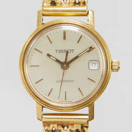 Damur Tissot Seastar, 18K, Ø22mm, quartz, datum, går ej, förtjänstgravyr, X-länk med stav, 18K bruttovikt