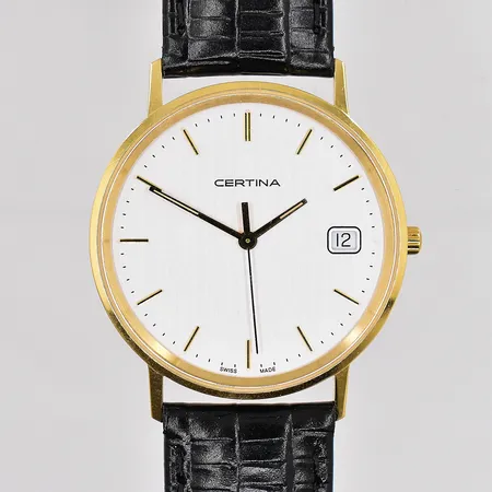 Herrur Certina 18K, quartz, Ø 33,5mm, ef-nr: EOL 158.9289.68, datum, läderband, behov av batteribyte, gravyr 