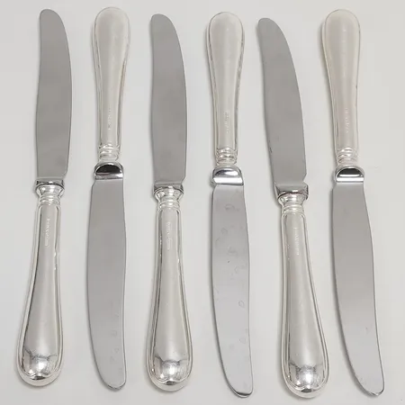 6 Bordsknivar, modell: Svensk Rund, längd: 208mm, Lidköpings Matsilver Ab, Lidköping, 2003, knivblad i rostfritt stål, silver, 830/1000 Vikt: 427,5 g