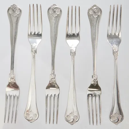 6 Smörgåsgafflar, modell: Sachsisk, längd: 150mm, MEMA, Lidköping samt en gaffel Cohr, Danmark, repor, silver, 830/1000 Vikt: 167,9 g