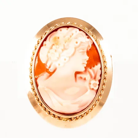 Camébrosch / hänge i 18K guld. Det är 24 mm brett, 30 mm långt exkl. infällbar ögla och väger 4,9g. 