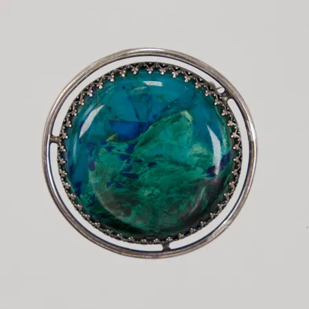 Brosch med blå/grön sten, Ø37mm, Silver 925/1000. Bruttovikt: 18,2g Vikt: 0 g